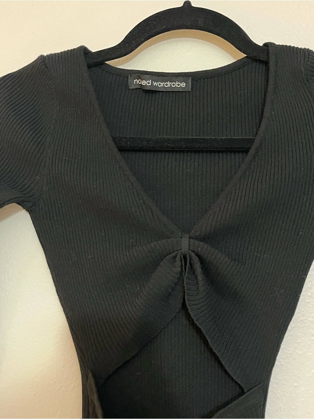 Naked Wardrobe Black Ribbed Twist-Front Women’s dress